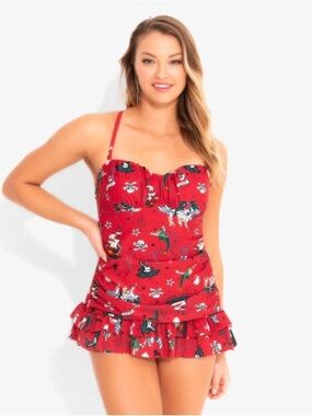 NWT Disney Peter Pan One Piece Swimsuit Red Tattoo Print Ruffle Bustier Retro